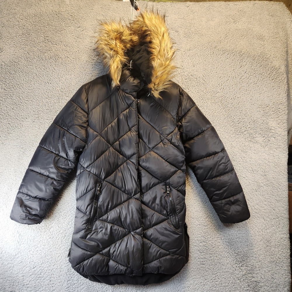 MCMCX Steve‎ Madden Coat Womens Large 14/16 Black Hooded Quilted Faux Fur Cozy